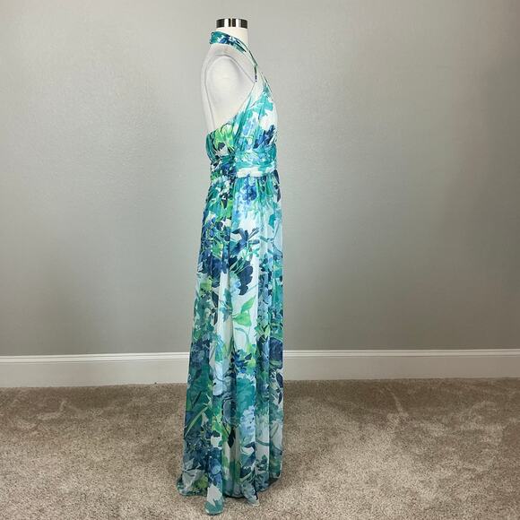 Eliza J Women's Floral Chiffon Evening Gown Blue Size 12 Cut Out Maxi Dress - Picture 4 of 14